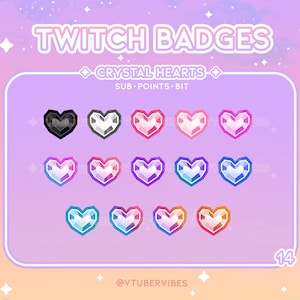 Crystal Heart Twitch Sub Badges | Set of 14 | Icons | Diamond | Gem | Graphic | Chat | Subscribers | Emotes
