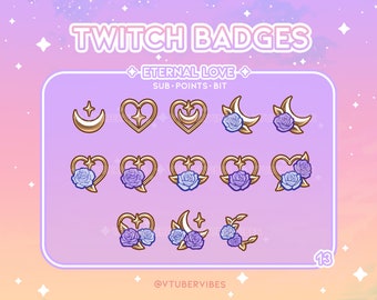 Emblemas de inscrição do Twitch Love eterno | Roxo e Azul | Conjunto de 13 | Emotes | Ícones | Coração | Gráfico | Subs | Ouro | Pontos de canal |Rosa |Flor