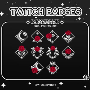 Op de afbeelding: Een set van 10 Twitch-chatbadges met een zilveren ruitvorm met een rode roos en andere ontwerpen. De tekst "RADIANT ROSE" en "SUB POINTS - BIT" staat bovenaan de afbeelding. De tekst "@VTUBER VIBES" staat onderaan de afbeelding.