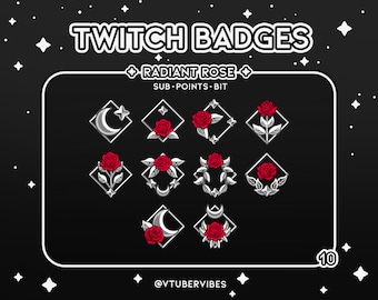 Red Radiant Rose Twitch Sub Badges | Set of 10 | Emotes | Icons | Star | Graphic | Chat | Subs | Silver |  Channel Points| Rose | Flower |
