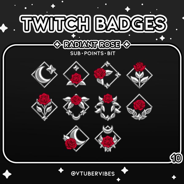 Red Radiant Rose Twitch Sub Badges | Set of 10 | Emotes | Icons | Star | Graphic | Chat | Subs | Silver |  Channel Points| Rose | Flower