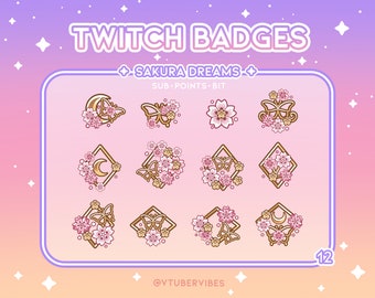 Emblemas de Sub do Twitch Sakura Dreams | Conjunto de 12 | Emotes | Ícones | Gráfico de Flor de Cerejeira | Borboleta | Subs | Ouro | Pontos do Canal | Lua