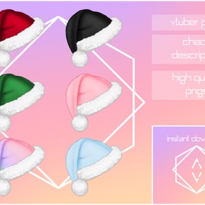 Puede incluir: Conjunto de seis PNG de gorro de Navidad digital en varios colores, incluyendo rojo, negro, verde, rosa, azul claro y un degradado arcoíris. Los gorros tienen un borde de piel blanca y un pompón blanco en la parte superior. El texto "vtuber prop" es visible en la imagen.