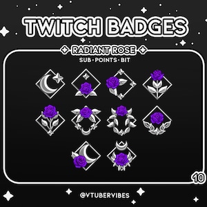 Purple/Silver Radiant Rose Twitch Sub Badges | Set of 10 | Emotes | Icons | Star | Graphic | Chat | Subs |  Channel Points| Rose | Flower