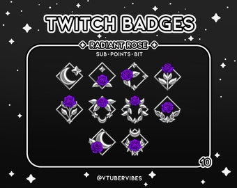 Emblemas Sub Twitch Roxo/Prata Radiant Rose | Conjunto de 10 | Emotes | Ícones | Estrela | Gráfico | Bate-papo | Subs | Pontos do Canal | Rosa | Flor