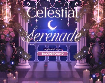 Fundo Serenata Celestial | Feito à Mão | Papel de Parede | Twitch | Vtuber | Lua | Rosas | Paisagem | Quarto | Varanda | Streamer | Youtube |