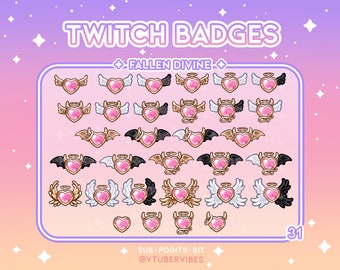 Emblemas de inscrição do Fallen Divine Twitch | Conjunto de 31 | Emotes | Ícones | Coração | Subs | Ouro | Pontos do Canal | Anjo | Demônio | Chifres | aréola