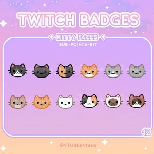 Kitty Faces Twitch Sub-badges - Emotes | Set van 12 | Pictogrammen | Grafisch | Chatten | Abonnees | Kat | Leuk | Kawaii | Dier
