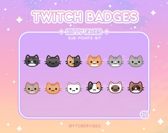 Kitty Faces Twitch Sub Badges - Emotes | Set of 12 | Icons | Graphic | Chat | Subscribers | Cat | Cute | Kawaii | Animal