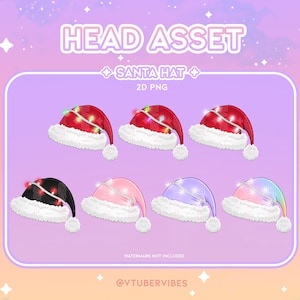 Könnte beinhalten: Satz von acht digitalen Illustrationen von Weihnachtsmützen mit Lichtern. Die Mützen sind in verschiedenen Farben, darunter Rot, Schwarz, Rosa, Lila und Regenbogen. Der Text "SANTA HAT" und "2D PNG" ist im Bild sichtbar.