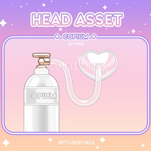 May include: A white cylinder with the word "COPIUM" printed on it, connected to a clear tube and a pink heart-shaped object. The tube is connected to the cylinder with a gold-colored valve. The background is a gradient of pink and purple with white stars.