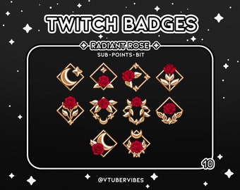 Emblemas de Twitch Sub Red & Gold Radiant Rose | Conjunto de 10 | Emote | Ícones | Estrela | Gráfico | Bate-papo | Subs | Ouro | Pontos do Canal| Rosa | Flor