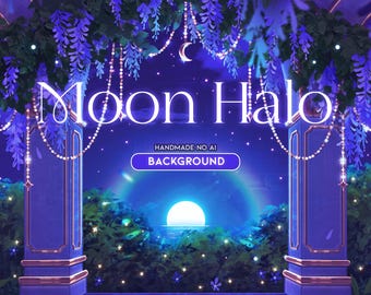 Fundo com Halo Lunar | Feito à Mão | Papel de Parede | Twitch | Vtuber | Lua | Glicínia | Paisagem | Quarto | Varanda | Streamer | YouTube | Noite