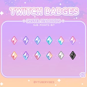 Pastel Diamond Twitch Sub Badges | Set of 12 | Icons | Diamond | Gem | Graphic | Chat | Subscribers | Emotes