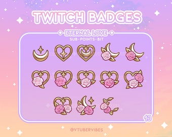 Emblemas de inscrição do Twitch Love eterno | Conjunto de 13 | Emotes | Ícones | Estrela | Coração | Gráfico | Bate-papo | Subs | Ouro | Pontos do Canal | Rosa | Flor
