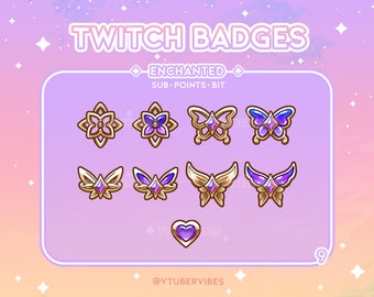 Sub-emblemas encantados | Conjunto de 9 | Emotes | Ícones | Borboleta | Flor | Gráfico | Bate-papo | Subs | Ouro | Pontos do Canal | Coração
