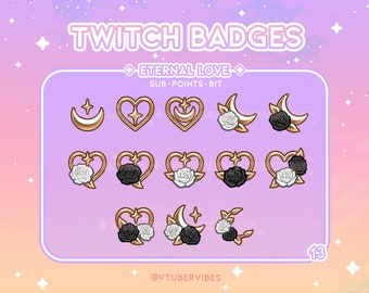 Emblemas de inscrição do Twitch Love eterno | Preto e Branco | Conjunto de 13 | Emotes | Ícones | Coração | Gráfico | Subs | Ouro | Pontos do canal |Rosa |Flor
