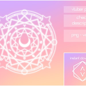 May include: A white glowing magical circle with a crescent moon in the center. The circle is surrounded by stars and zodiac symbols. The background is a gradient of pink and purple.