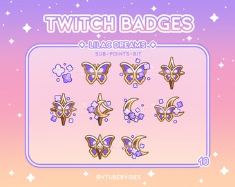 Lilac Dreams Twitch Sub Emblemas | Conjunto de 10 | Emotes | Ícones | Lilás | Gráfico | Borboleta | Subs | Ouro | Pontos do Canal | Lua | Estrela