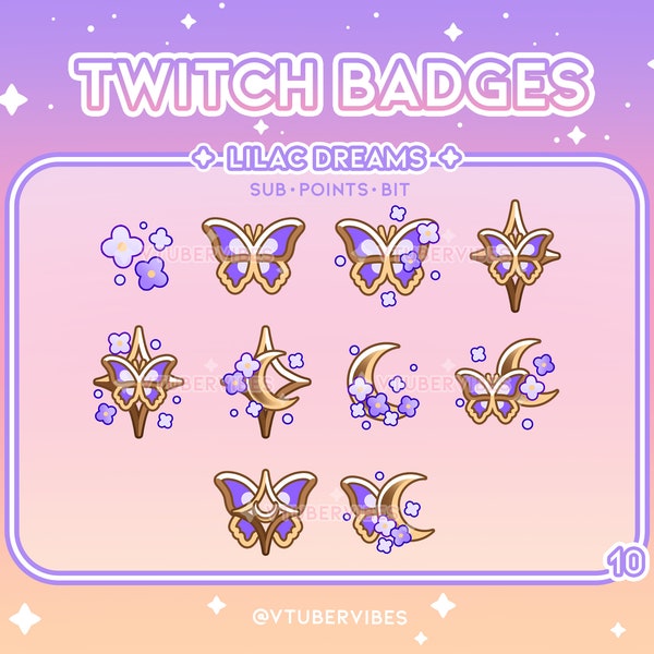 Lilac Dreams Twitch Sub Badges | Set of 10 | Emotes | Icons | Lilac | Graphic | Butterfly | Subs | Gold |  Channel Points | Moon | Star