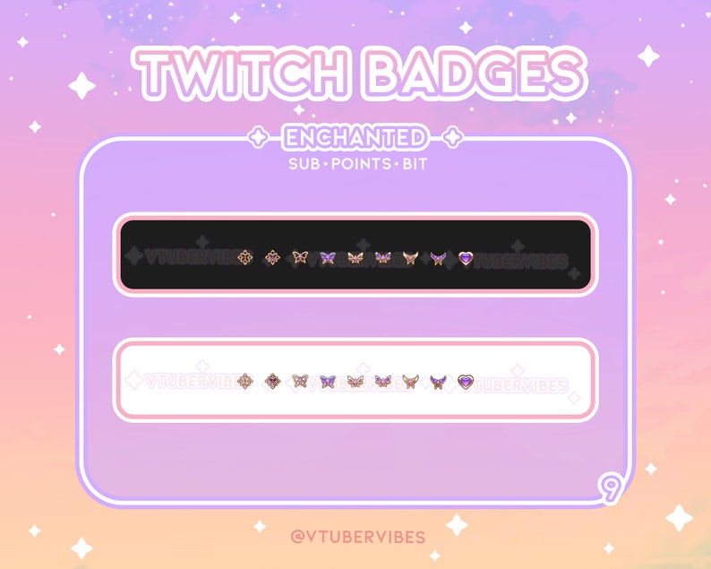 Puede incluir: Un conjunto de insignias de Twitch de color morado y blanco con el texto "ENCHANTED" y "SUB - POINTS - BIT" sobre un fondo rosa y morado. Las insignias presentan un dise&ntilde;o de mariposa y coraz&oacute;n.