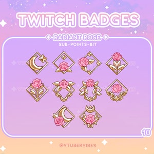 Radiant Rose Twitch Sub Badges | Set of 10 | Emotes | Icons | Star | Gem | Graphic | Chat | Subs | Gold |  Channel Points| Rose| Flower