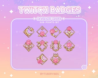 Radiant Rose Twitch Sub Badges | Set of 10 | Emotes | Icons | Star | Gem | Graphic | Chat | Subs | Gold |  Channel Points| Rose| Flower
