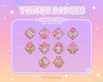 Badges secondaires Twitch Rose radieuse | Lot de 10 | Émoticônes | Icônes | Étoile | Gemme | Graphique | Chatter | Abonnés | Or | Points de passage | Rose| Fleur