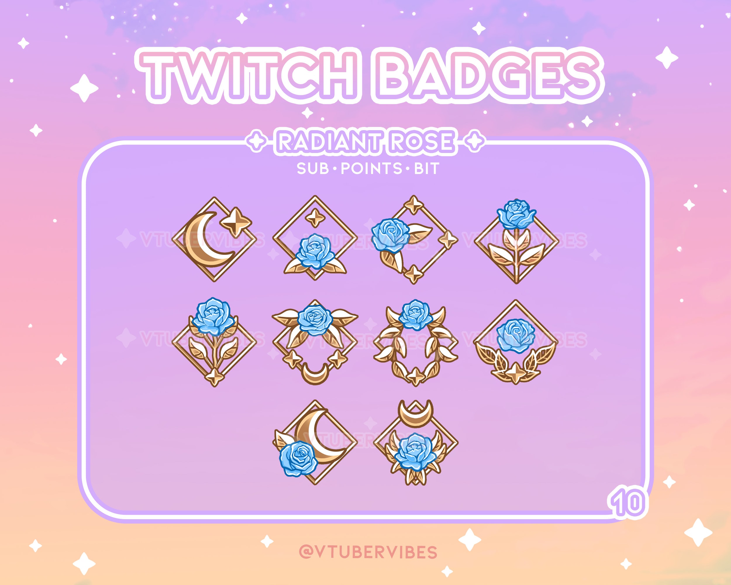 Blue Radiant Rose Twitch Sub Badges | Set of 10 | Emotes | Icons | Star | Graphic | Chat | Subs | Gold |  Channel Points| Rose | Flower
