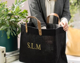 Personalised Black And Leather Jute Shopper