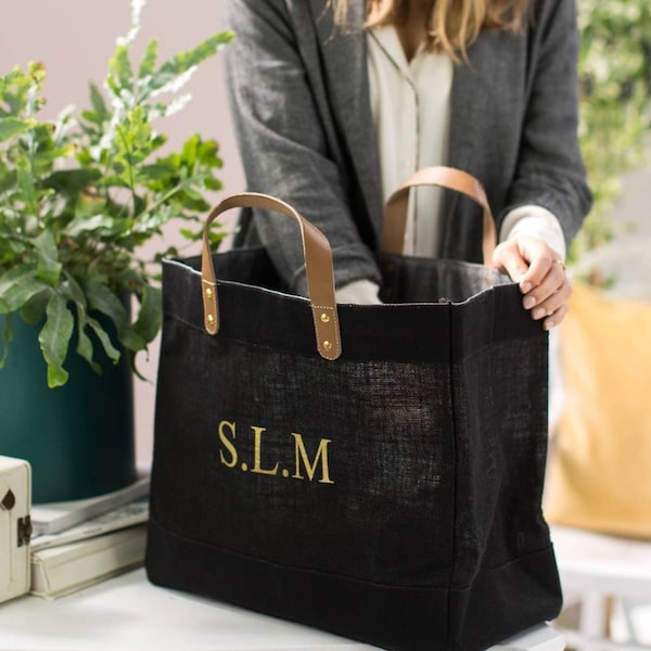 Personalised Black And Leather Jute Shopper