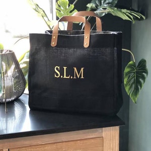 Personalised Black And Leather Jute Shopper image 2