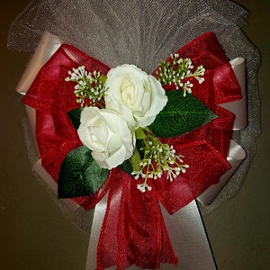 Red and white or Ivory pew bows; church aisle decorations; chair arrangement, Silk wedding Flowers, reception