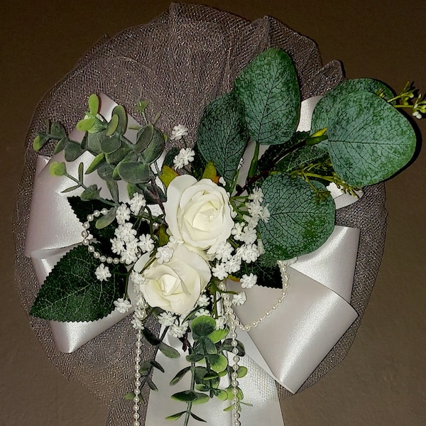 Beautiful white or Ivory church aisle pew bows; wedding decorations; Silk/fake Flowers bouquets