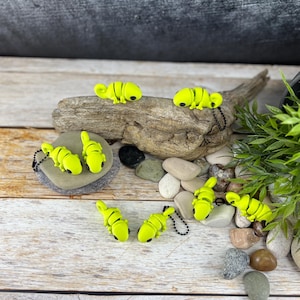 Può includere: Sei portachiavi a forma di lucertola verde brillante con occhi neri e una catena nera. I portachiavi sono disposti su una superficie di legno con alcuni piccoli sassi.