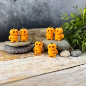 Può includere: Sei piccole figurine di zucca arancione con facce intagliate. Le zucche sono disposte su una pila di pietre grigie e una superficie di legno.