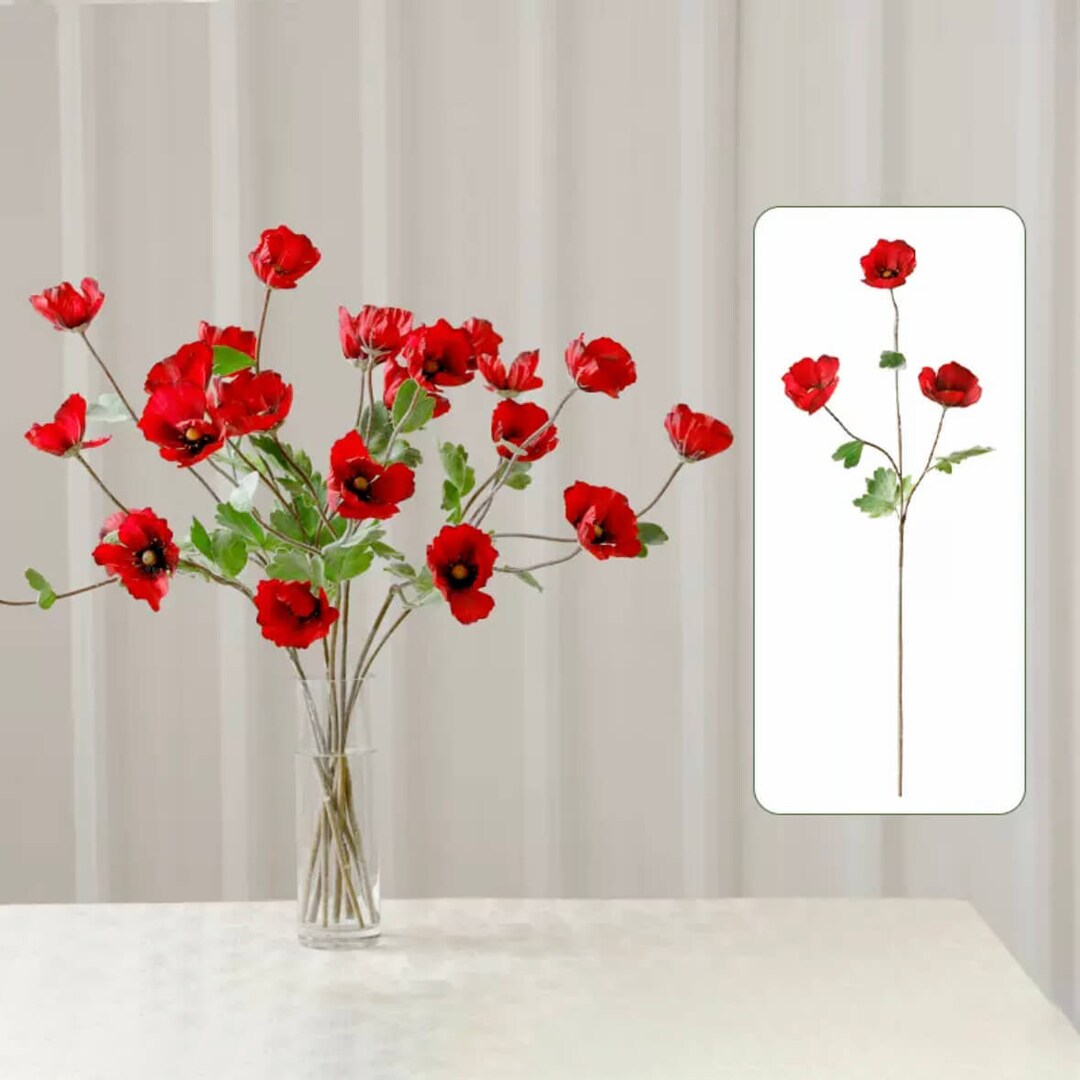 Artificial Silk 3 Heads Poppy Flower Set of 6 / Real Touch Flowers