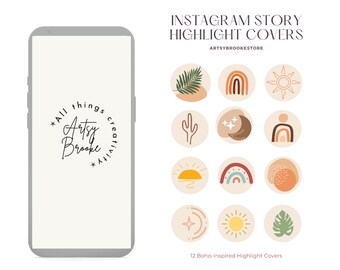 May include: Twelve Instagram story highlight covers with a boho theme. The covers feature illustrations of a sun, a rainbow, a cactus, a crescent moon, a palm leaf, and other abstract shapes in a neutral color palette.