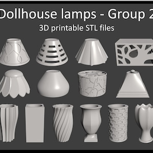 Könnte beinhalten: Eine Sammlung von 3D-druckbaren Puppenhauslampen-Designs. Die Lampenschirme und -sockel weisen verschiedene Stile auf, darunter geometrische, florale und strukturierte Muster. Der Text auf dem Bild lautet "Dollhouse lamps - Group 2" und "3D printable STL files."