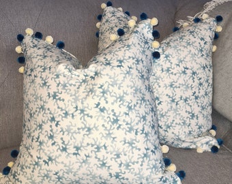 Emma Bridgewater Coral Cushion Cover In Turquoise With Velvet Pom Poms 40 x 40 cm