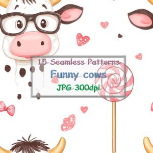 17 Funny cows with glasses and lollipop, Seamless Pattern, Cow Pattern, Animal Pattern, Farm animals Pattern, Repeat Pattern for textile