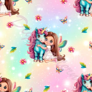 Padrão sem emendas Menina bonita com unicórnio 1, Padrão de meninas, Padrão com unicórnio, Fundo floral, Padrão com estrelas, Padrão repetido