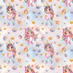 16 patrones sin costuras con niñas disfrazadas de unicornio, patrón de niñas, patrón mágico con unicornio, fondo floral, patrón con estrellas