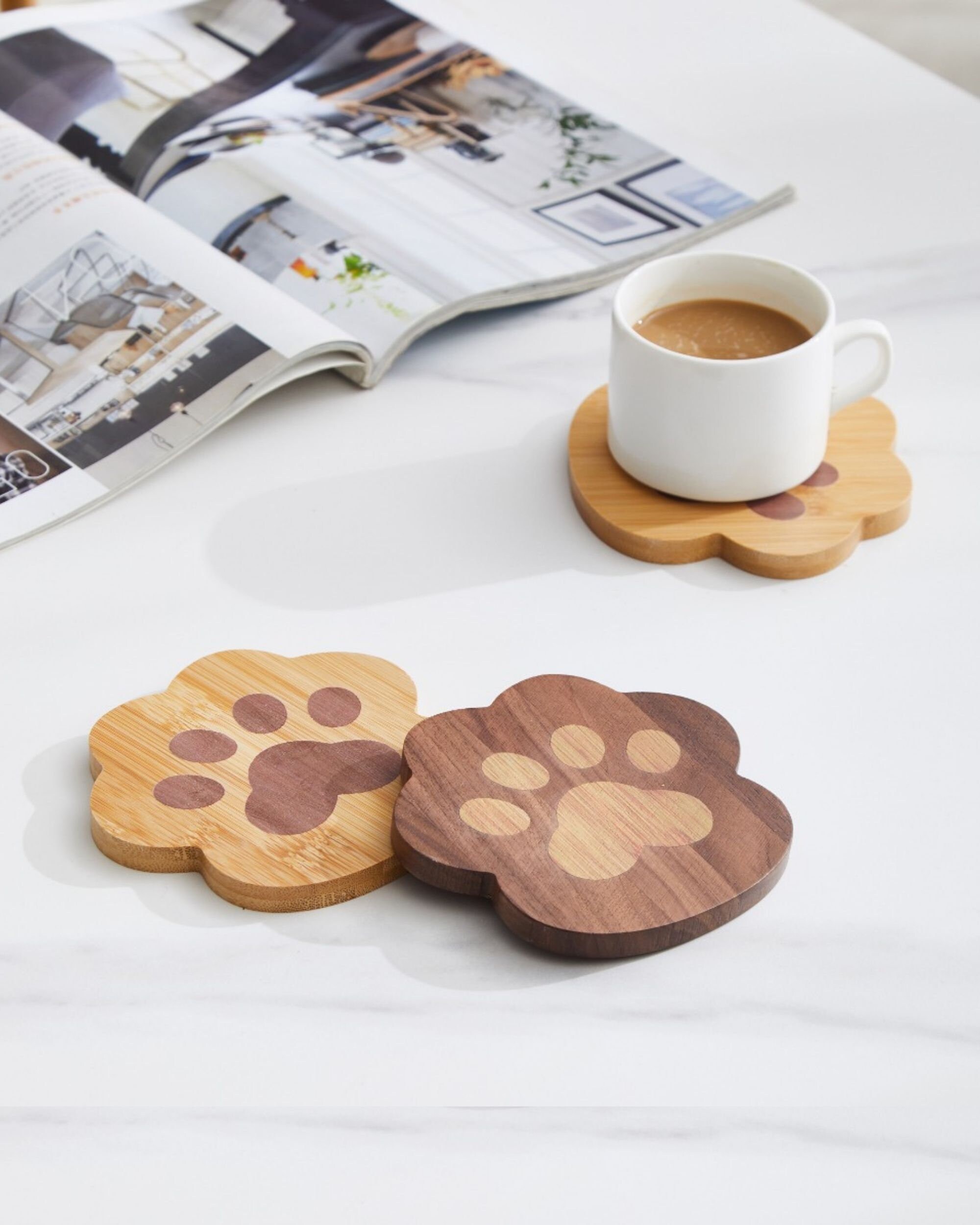 Dessous de Verre en Bois Bambou et Noyer - Lot 4 Design Patte Chat/D'ours