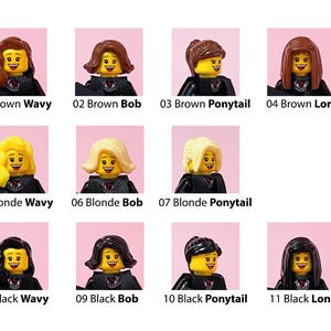 May include: A collection of eleven Lego minifigure heads with various hairstyles and hair colors, including brown, blonde, and black. Each minifigure has a yellow face with a smiling expression and is wearing a black outfit. The image includes text labels for each hairstyle.