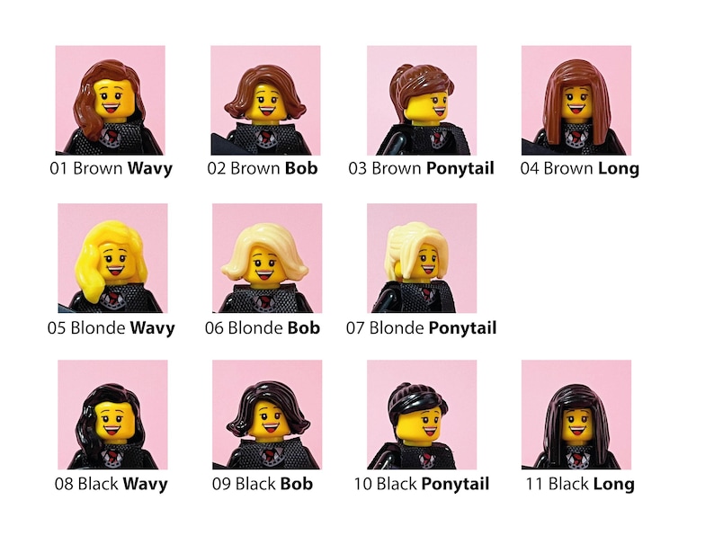 May include: A collection of eleven Lego minifigure heads with various hairstyles and hair colors, including brown, blonde, and black. Each minifigure has a yellow face with a smiling expression and is wearing a black outfit. The image includes text labels for each hairstyle.