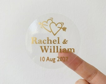 Personalised Waterproof Wedding Stickers / Custom Real Gold or Silver Foil, Black or White / Clear or White Sticker