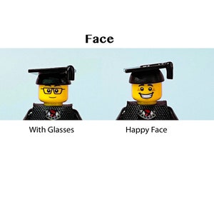May include: Two Lego minifigures wearing black graduation caps and gowns. One minifigure has a yellow face with glasses, while the other has a yellow face with a happy expression.