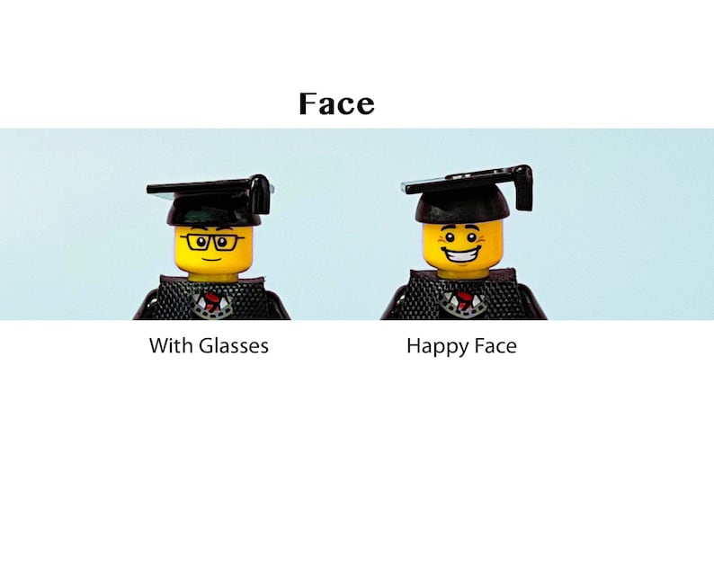 May include: Two Lego minifigures wearing black graduation caps and gowns. One minifigure has a yellow face with glasses, while the other has a yellow face with a happy expression.