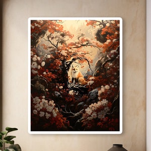 Japanese Fox Art, Fox Art Print, Fox Art Poster, Animal Wall Decor, Floral Art, Animal Art, Gift idea, Digital Download, Art by GiftArtSmile
